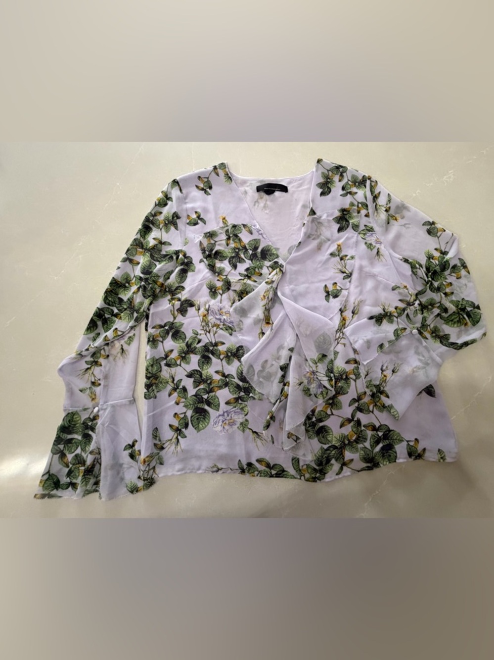 WHBM Floral Ruffle V-Neck Sheer Blouse - White/Green, Large